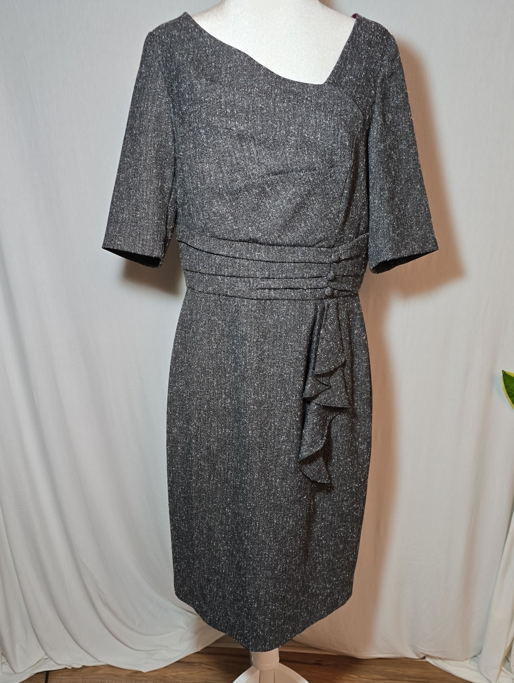 White House Black Market Like New Asymmetric Neck Gray Midi Sheath Dress